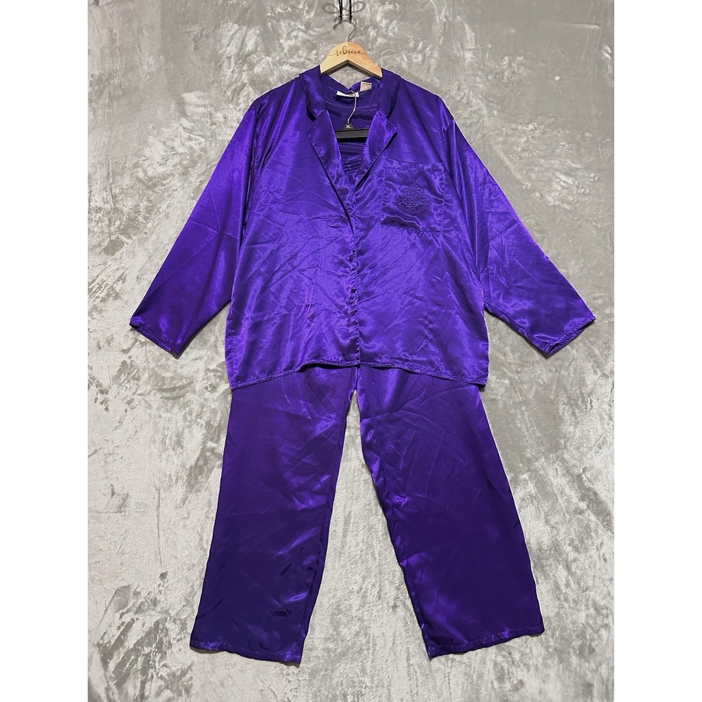 Vtg Victorias Secret Womens Gold Label Satin Pajamas M Royal Purple Crest Pocket
